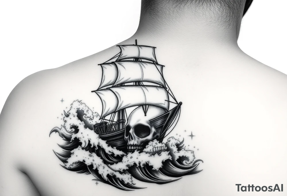 Ultra-detailed tattoo design, hyper-realistic black and grey, ghostly pirate ship emerging from stormy waves, giant skull fading into the sea foam, dramatic lighting, high contrast shading, stencil-ready, full sleeve composition, no background clutter, smooth gradient transitions. tattoo idea
