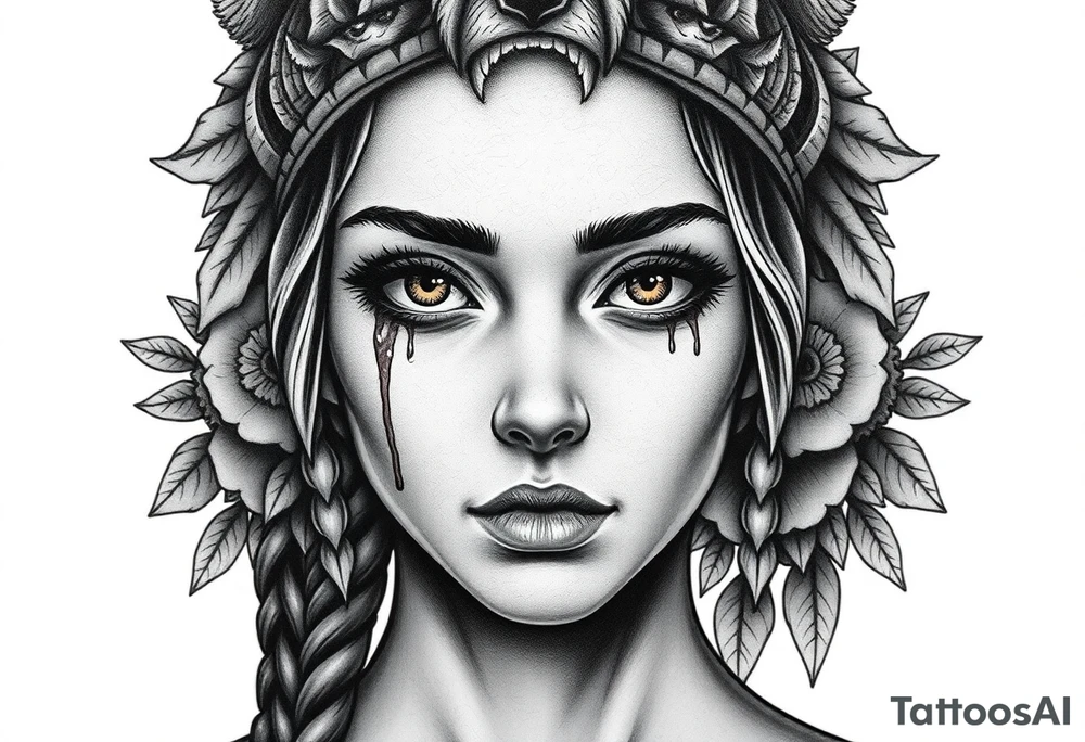 Young Symmetrical Beautiful Woman, looking forward, with colored eyes, shedding a tear, with battle scars and blood on face, with soft look, wearing a mean looking bear headdress on head, with flower background tattoo idea