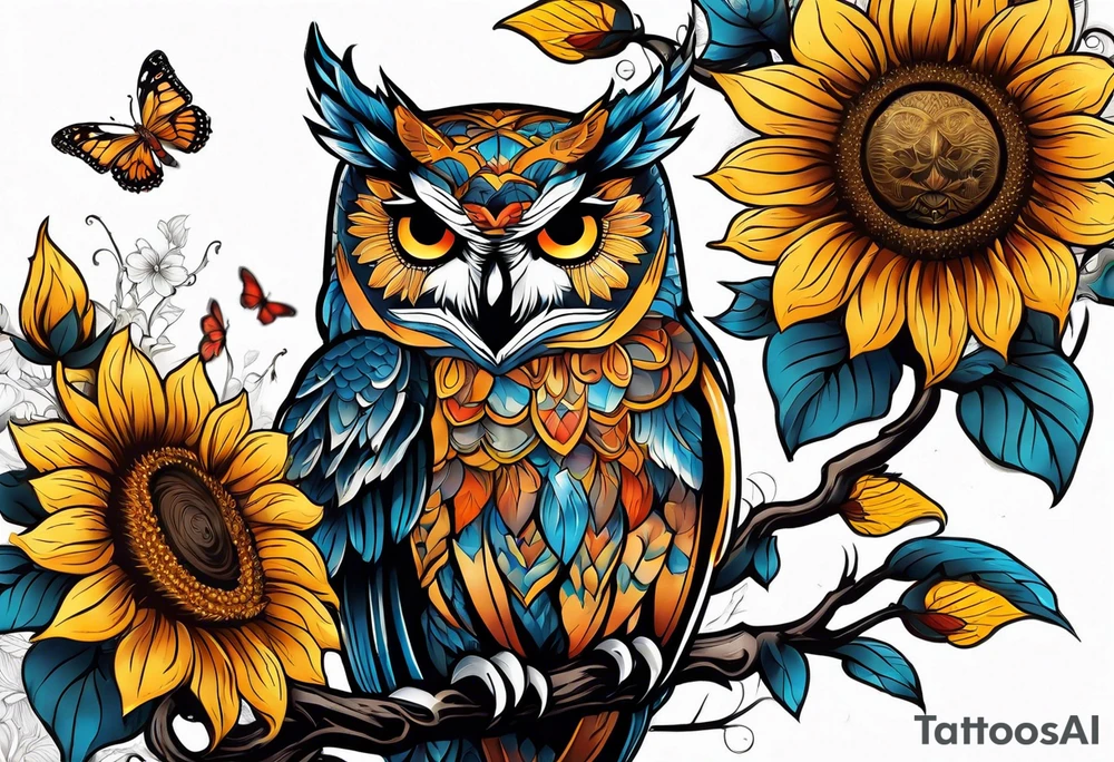 Sleeve with an owl, sunflower and butterfly tattoo idea