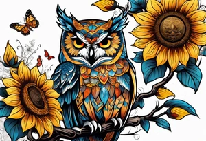 Sleeve with an owl, sunflower and butterfly tattoo idea