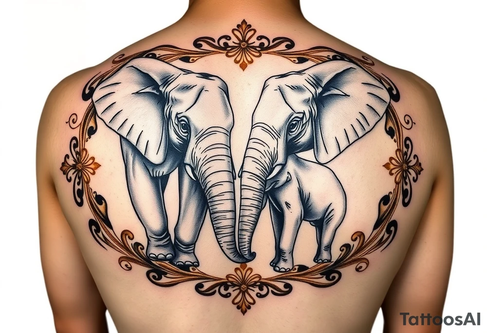 couple of elphants, a mother and a child
 facing foward tangling their trunks
sorrounded by a golden  art frame with beautiful design tattoo idea