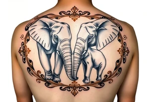couple of elphants, a mother and a child
 facing foward tangling their trunks
sorrounded by a golden  art frame with beautiful design tattoo idea