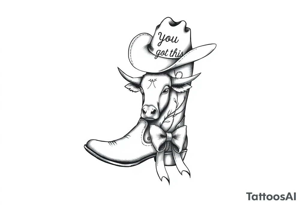 A cowboy boot with a cowboy hat on top the words you got this stitched into the hat and stitched into the boot an orange, a highland cow and a bow tattoo idea