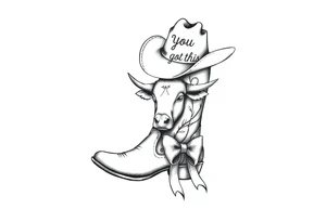 A cowboy boot with a cowboy hat on top the words you got this stitched into the hat and stitched into the boot an orange, a highland cow and a bow tattoo idea