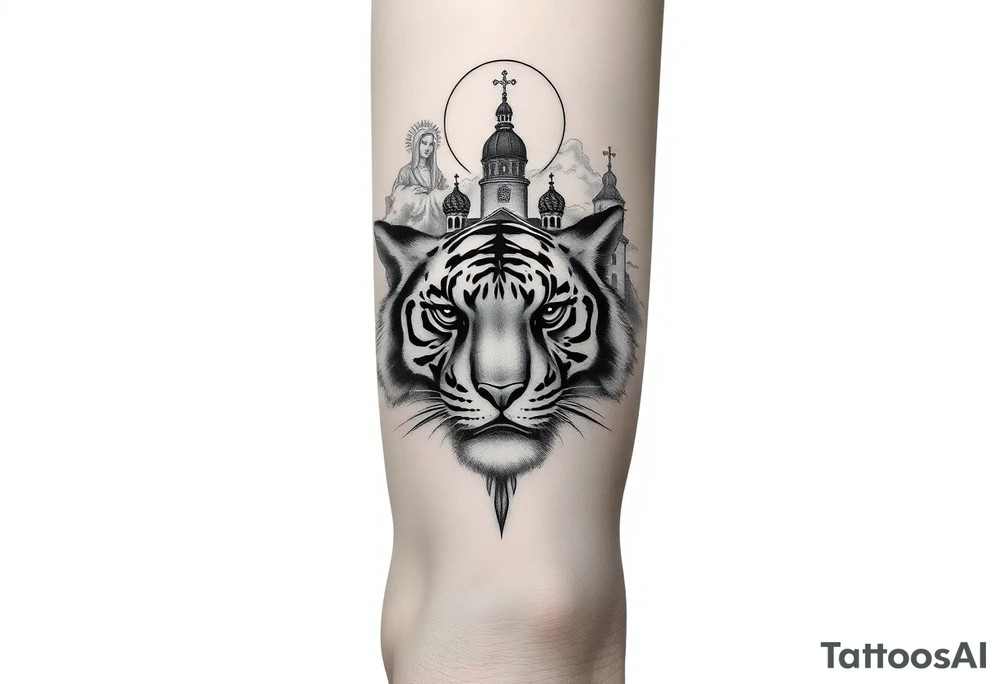 in a dorsal view of the hand and forearm a tiger face on the hand with black hollowed eyes, then above this a orthodox church shrouded with a mist and fading into a virgin mary overlooking tattoo idea
