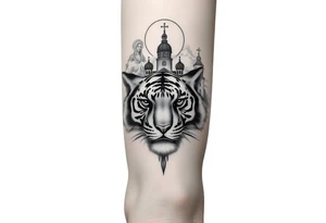in a dorsal view of the hand and forearm a tiger face on the hand with black hollowed eyes, then above this a orthodox church shrouded with a mist and fading into a virgin mary overlooking tattoo idea