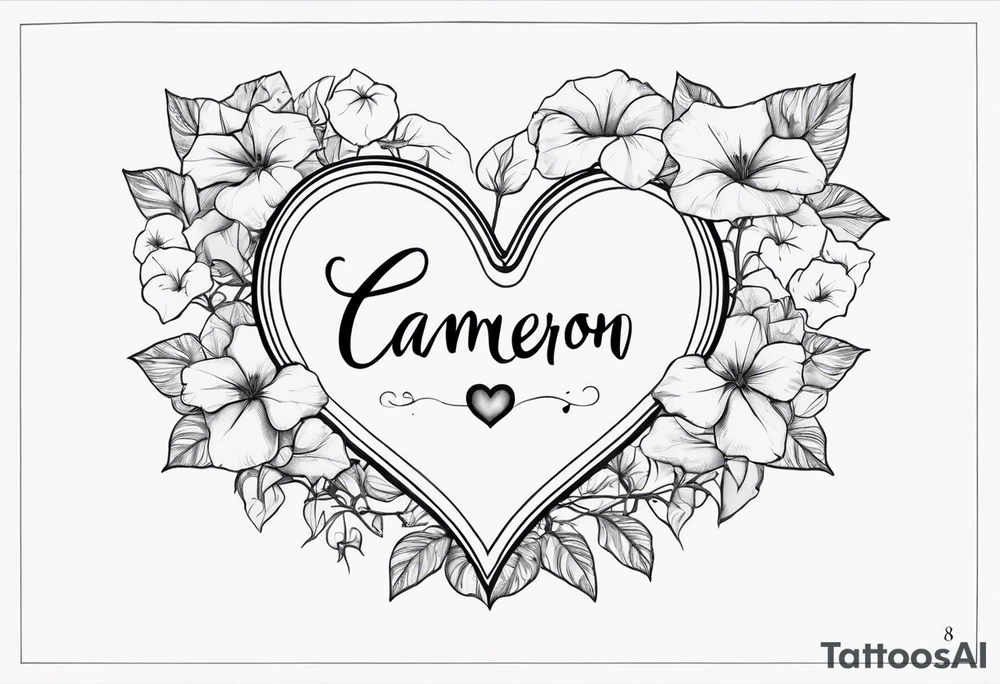 Heart with morning glory flowers as the border with the name Cameron and the time 8:34am tattoo idea