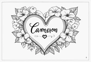 Heart with morning glory flowers as the border with the name Cameron and the time 8:34am tattoo idea