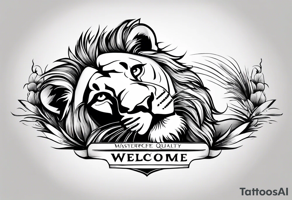 Lion laying own horizontally smiling and a text overlay saying "Welcome" tattoo idea