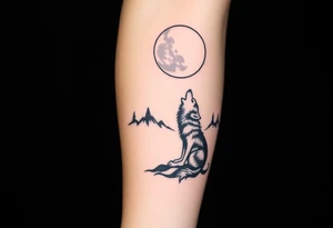 lone wolf howling at full moon with northern lights backdrop tattoo idea