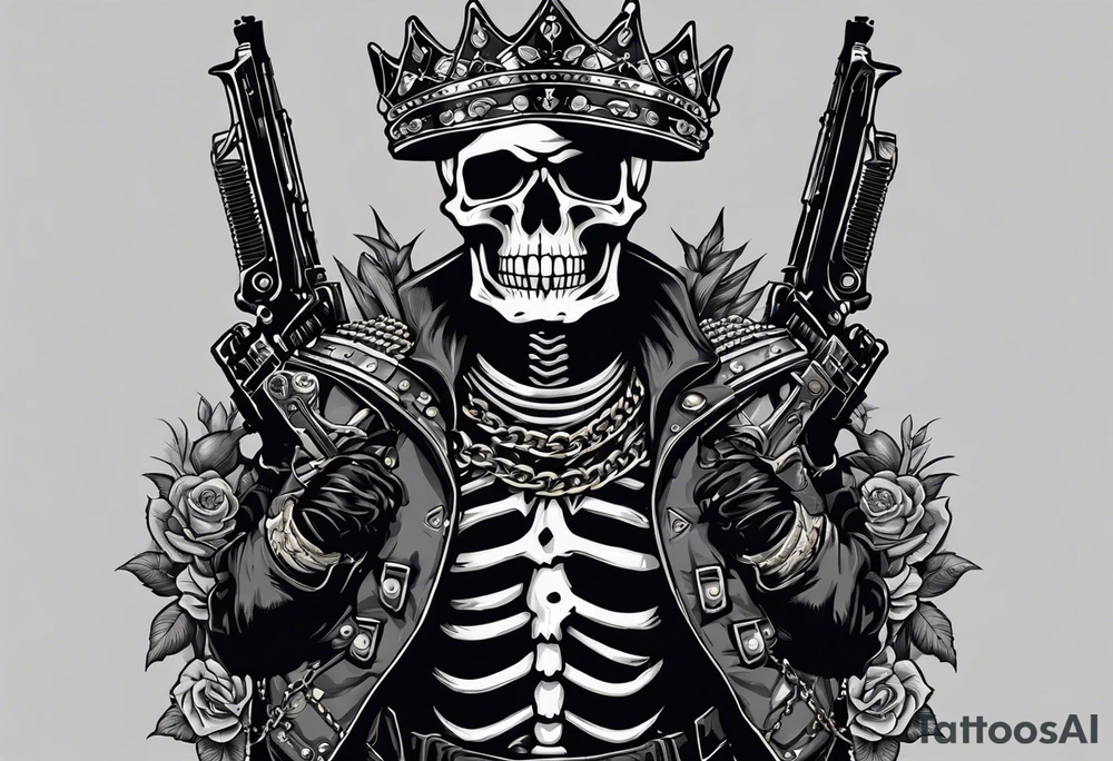 image of a skeleton standing frontally with a crown on his head, holding an AK-47 on his shoulder with his right hand. The chain on the left should be taut, there are three angry barking Dobermans in it, near the waist tattoo idea