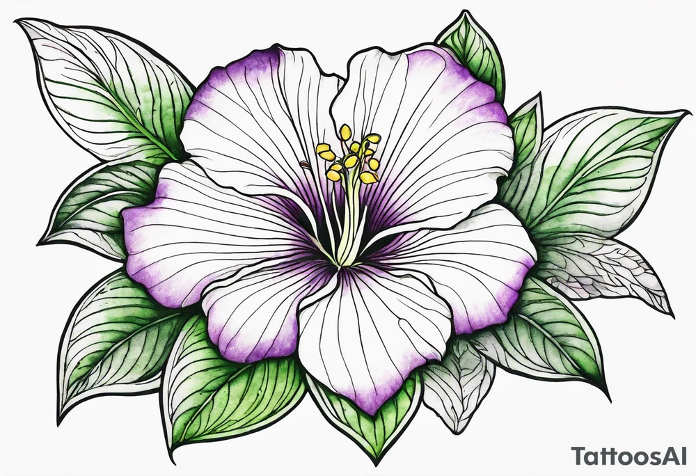An outline of a rio dipladenia flower with a green and purple watercolor background tattoo idea