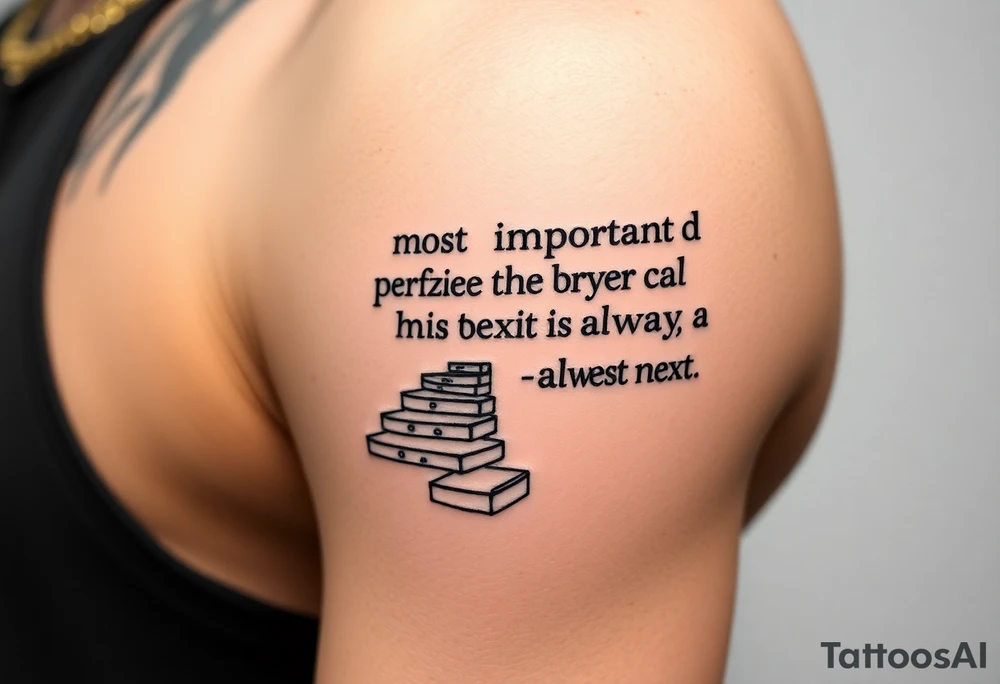 Design a tattoo for the outer arm using the phrase “the most important step a person can take is always the next one” with a geometric path or staircase tattoo idea