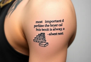 Design a tattoo for the outer arm using the phrase “the most important step a person can take is always the next one” with a geometric path or staircase tattoo idea