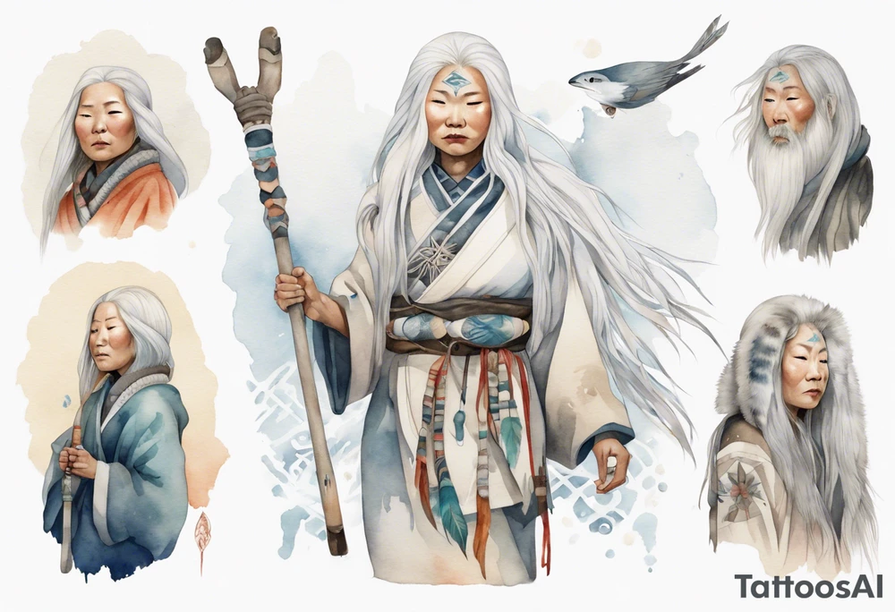 an Inuit woman with long white hair holding onto a silver staff tattoo idea