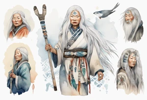an Inuit woman with long white hair holding onto a silver staff tattoo idea