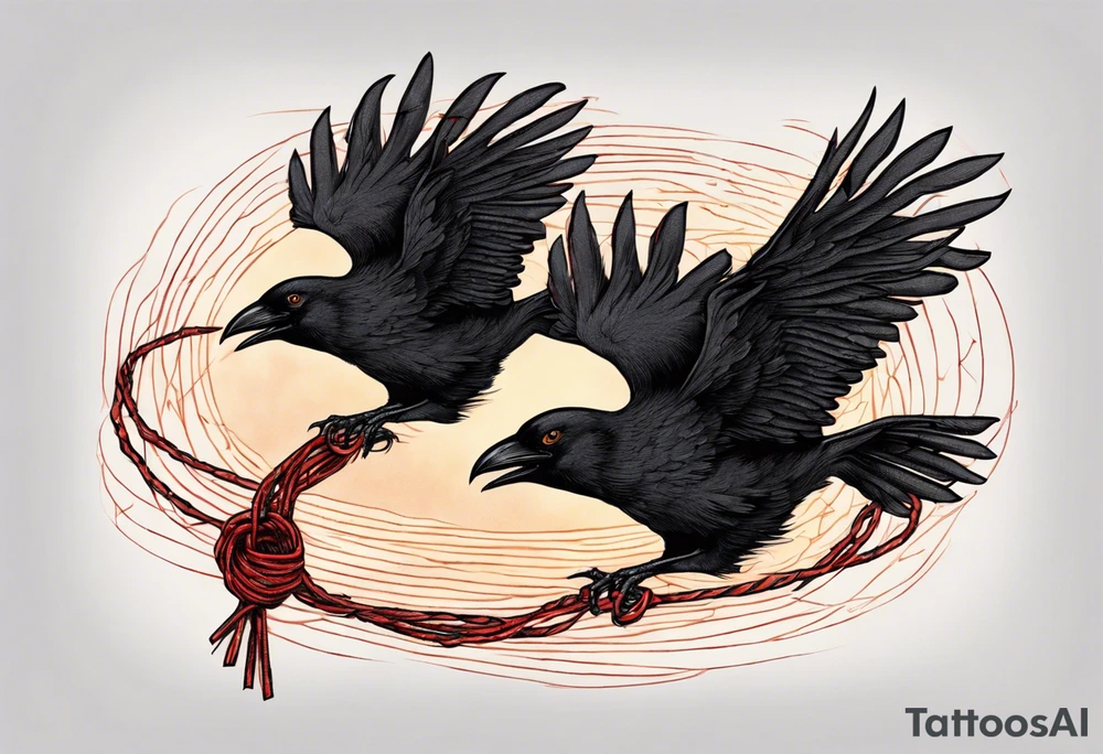Two black crows flying into the sunset as they carry one long red string between them. tattoo idea