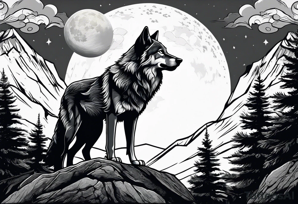 A wolf howling at the full moon on top of a rock surrounded by trees tattoo idea
