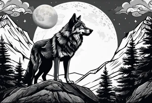 A wolf howling at the full moon on top of a rock surrounded by trees tattoo idea