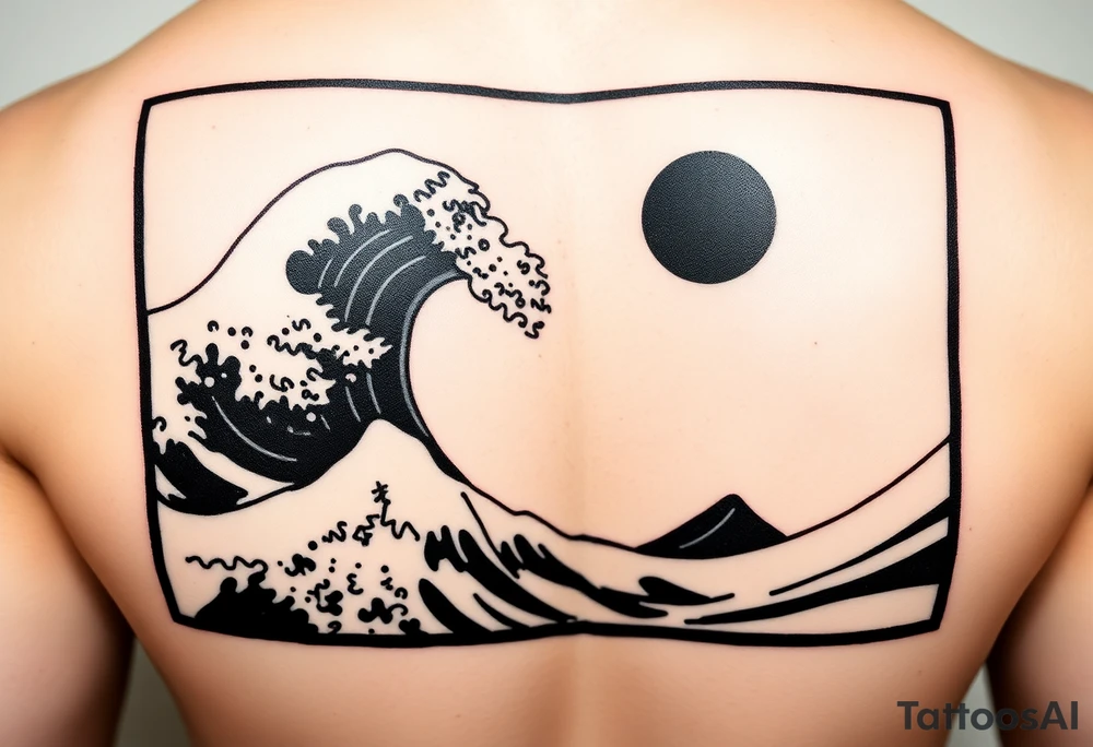 Black and white design in a vertical rectangular border, sized to fit the upper arm. Inside the border, a powerful Hokusai-style wave dominates the scene—dynamic, dramatic, and detailed with traditional Japanese woodblock linework. In the top right or left corner, include a solid black or partially shaded sun, contrasting against the wave. The entire composition should feel bold yet balanced, with the wave filling most of the space while keeping a clean, framed appearance. The style should stay true to traditional Japanese art but adapted for a modern tattoo aesthetic. tattoo idea
