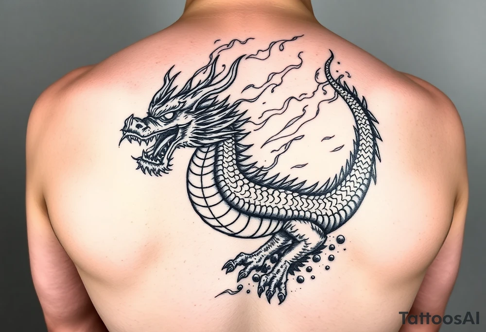 fierce dragon breathing iridescent fire against stormy skies tattoo idea