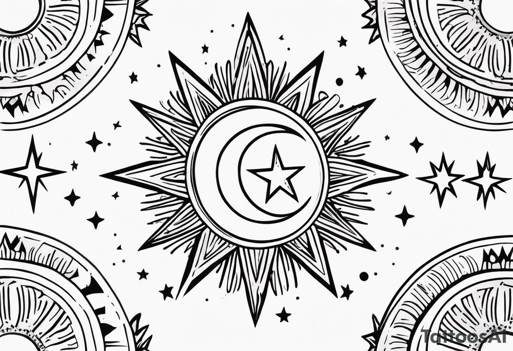 Western sun stars and moon. Mirrored with swirls and dots and stars tattoo idea
