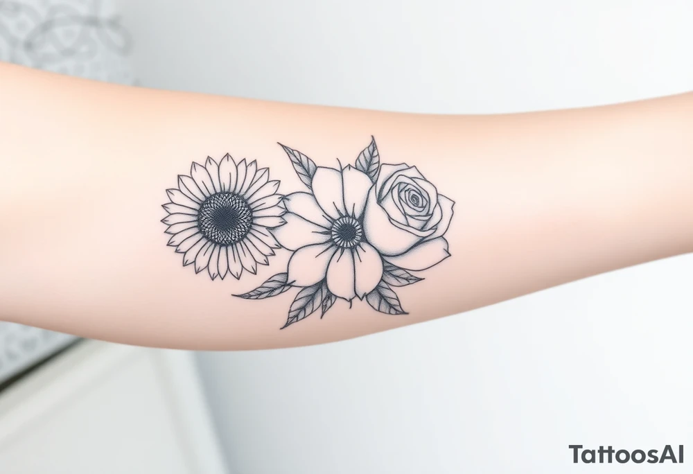 A single symmetrical flower composed of a sunflower on the left half and a rose on the right half, split perfectly down the middle. Surrounding the flower are greenery and leaves. This tattoo is for a woman's arm, so it should also extend vertically. The overall style is minimalist and elegant, with fine lines and no shading or color. tattoo idea
