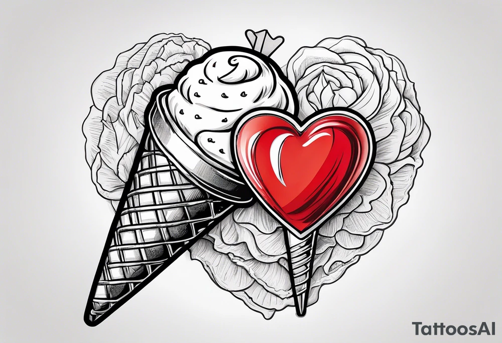 ice cream cone with one round scoop of ice cream and a red heart tattoo idea
