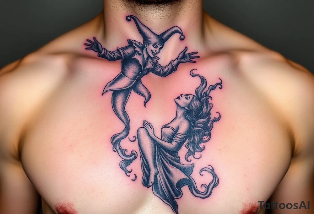 jester hovering over woman in smoke tattoo idea