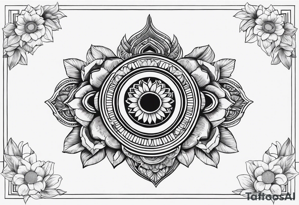 Bali temples black and grey with sunflower tattoo idea