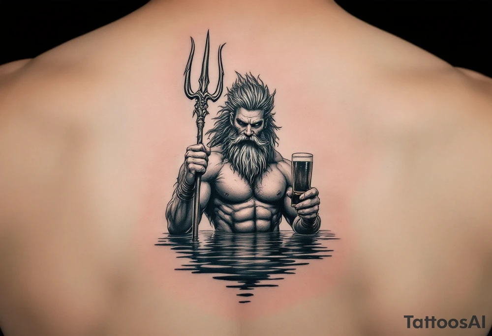 poseidon in calm water, holding a trident, holding a beer tattoo idea