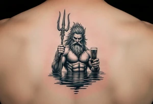 poseidon in calm water, holding a trident, holding a beer tattoo idea