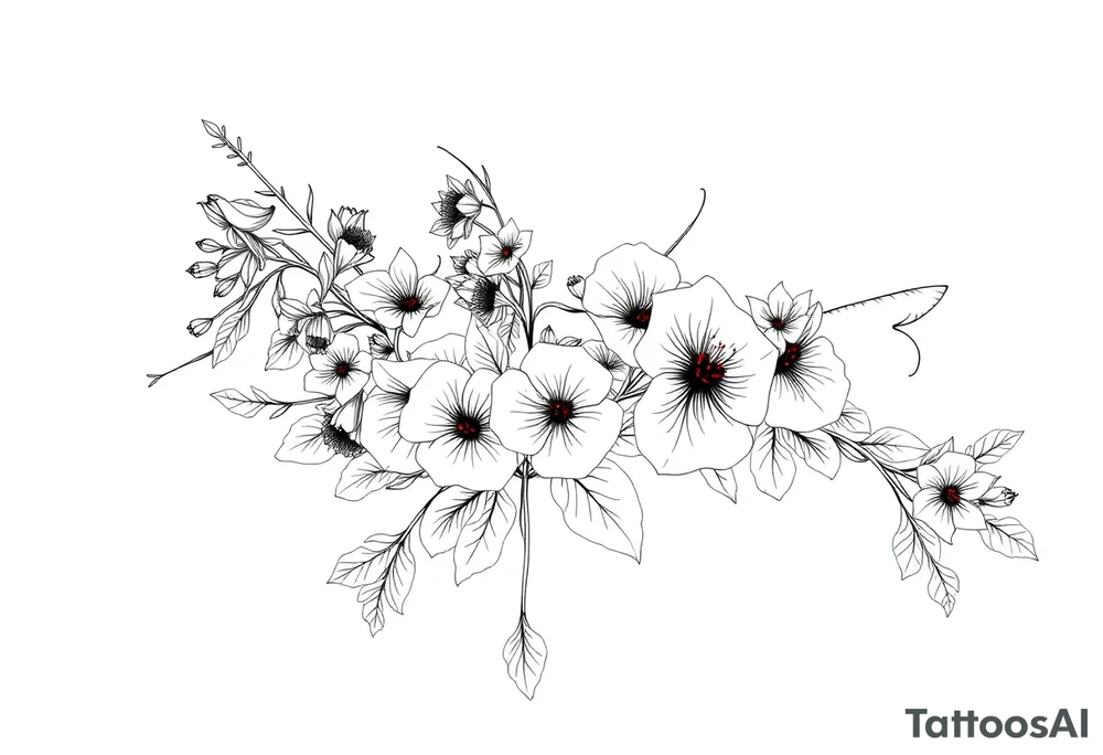 Full sleeve tattoo design of larkspur and hawthorn flowers, highly detailed line art, RED ink, elegant botanical style, intertwined composition, no shading, no human mock-up, clean stencil style suitable for tattooing, fit fully within boundaries. LINE ART ONLY, REMOVE HUMAN, NO SKIN, NO ARM, NO HUMAN BODY PARTS tattoo idea