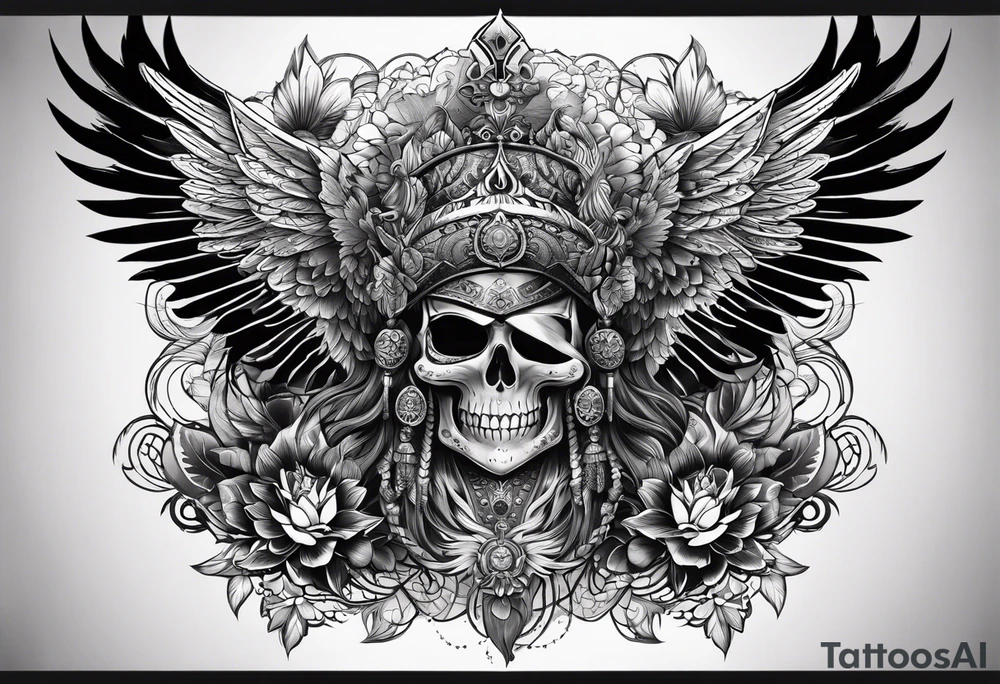 black kali, goddess pirate, alien, pachamama, valkrye, warrior, skull, lotus azul, wing, eagle, zenza resonance, stars, one side chest tattoo idea