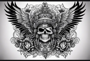 black kali, goddess pirate, alien, pachamama, valkrye, warrior, skull, lotus azul, wing, eagle, zenza resonance, stars, one side chest tattoo idea