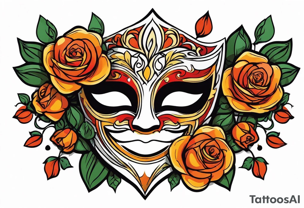 Laughing Male masquerade mask with orange and red roses tattoo idea