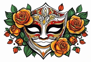 Laughing Male masquerade mask with orange and red roses tattoo idea