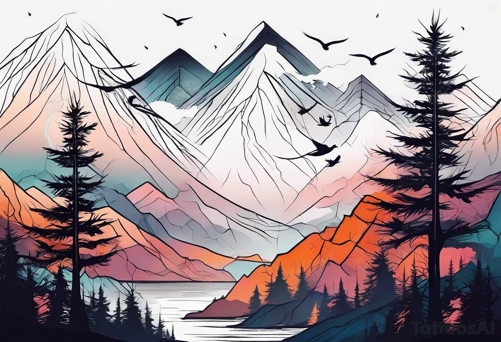 A mountain scape with trees. 5 silhouettes of birds. tattoo idea