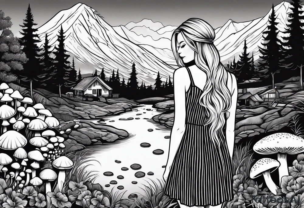 Straight long blonde hair girl standing in right corner in distance holding mushrooms in hand facing away toward mountains and creek surrounded by mushrooms black and white striped dress tattoo idea
