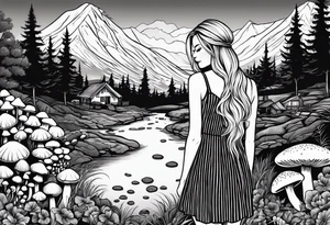 Straight long blonde hair girl standing in right corner in distance holding mushrooms in hand facing away toward mountains and creek surrounded by mushrooms black and white striped dress tattoo idea