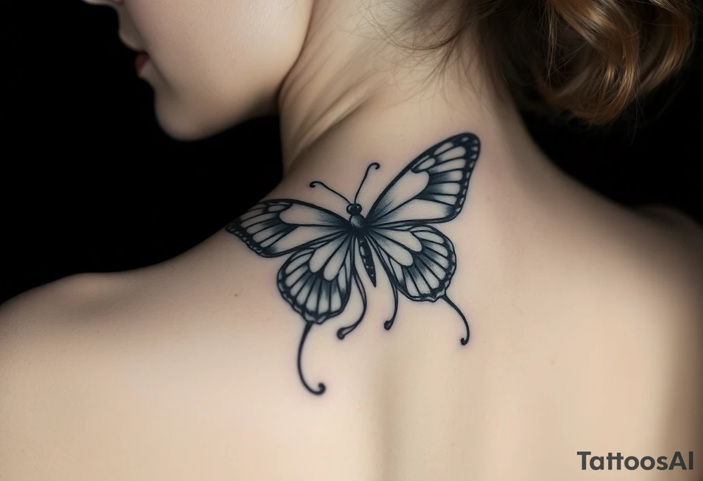ethereal butterfly with flowing silk ribbons in moonlight tattoo idea