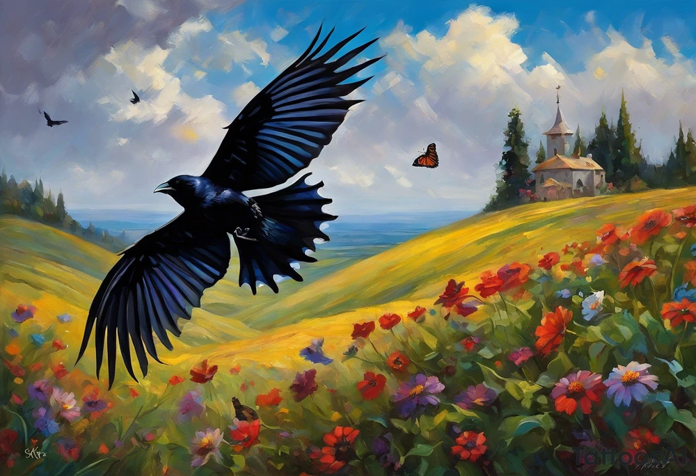 A butterfly flies towards the sky. Below the butterfly, a raven flies towards the sky. 
The butterfly and the raven are the same size
In the background is the name Malia.
In the background is the name SKF.
The number 89 can be seen in the background.
There is also a scorpion in the wing of the butterfly. tattoo idea