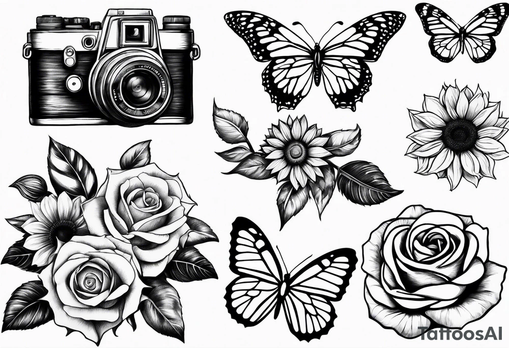 Flower : rose , sunflower, camera, butterfly tattoo idea