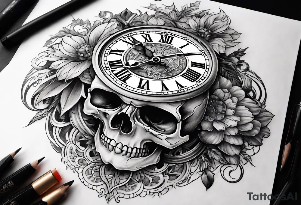 Skull, clock, stairs,phoenix sleeve tattoo idea