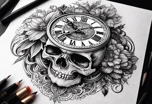 Skull, clock, stairs,phoenix sleeve tattoo idea