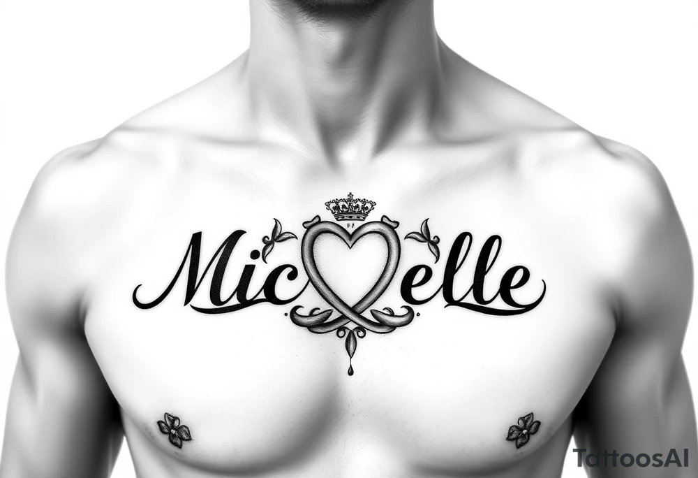 Design a tattoo for a man’s chest of a woman’s name (Michelle). There should be a claddagh and a Celtic knot entertwined. tattoo idea
