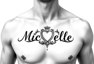 Design a tattoo for a man’s chest of a woman’s name (Michelle). There should be a claddagh and a Celtic knot entertwined. tattoo idea