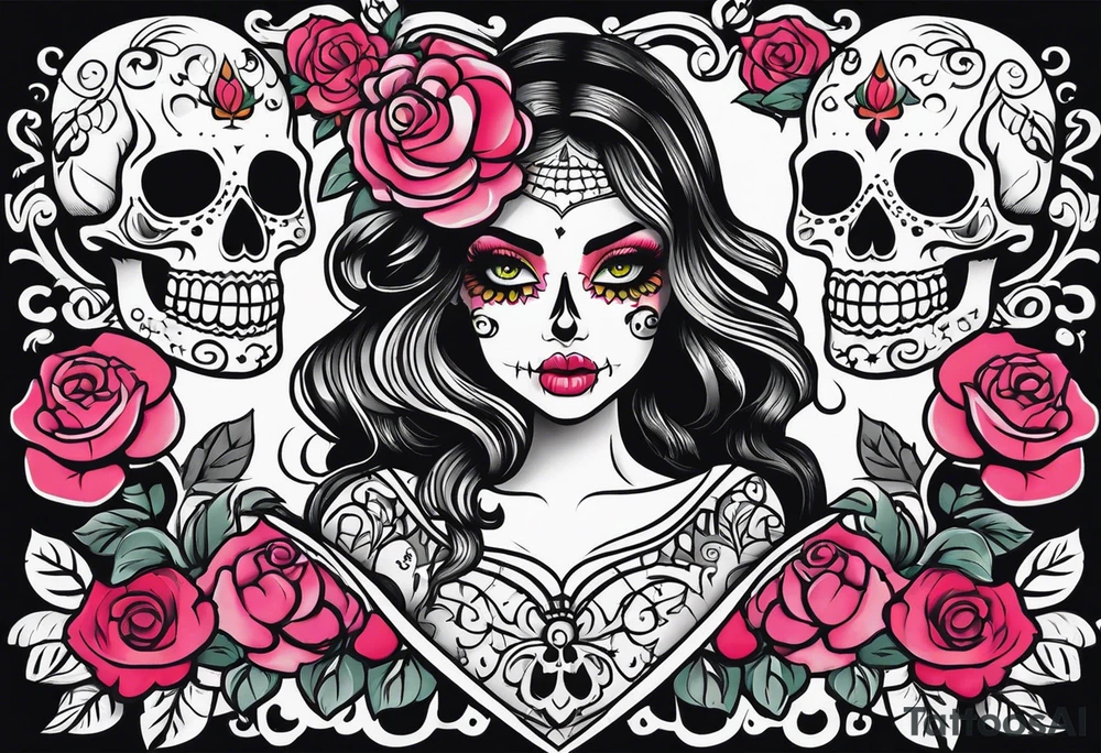 chest tattoo, from shoulder to shoulder, contains skulls, roses and muertos style girls. tattoo should be stretched horizontally tattoo idea