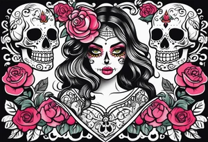 chest tattoo, from shoulder to shoulder, contains skulls, roses and muertos style girls. tattoo should be stretched horizontally tattoo idea