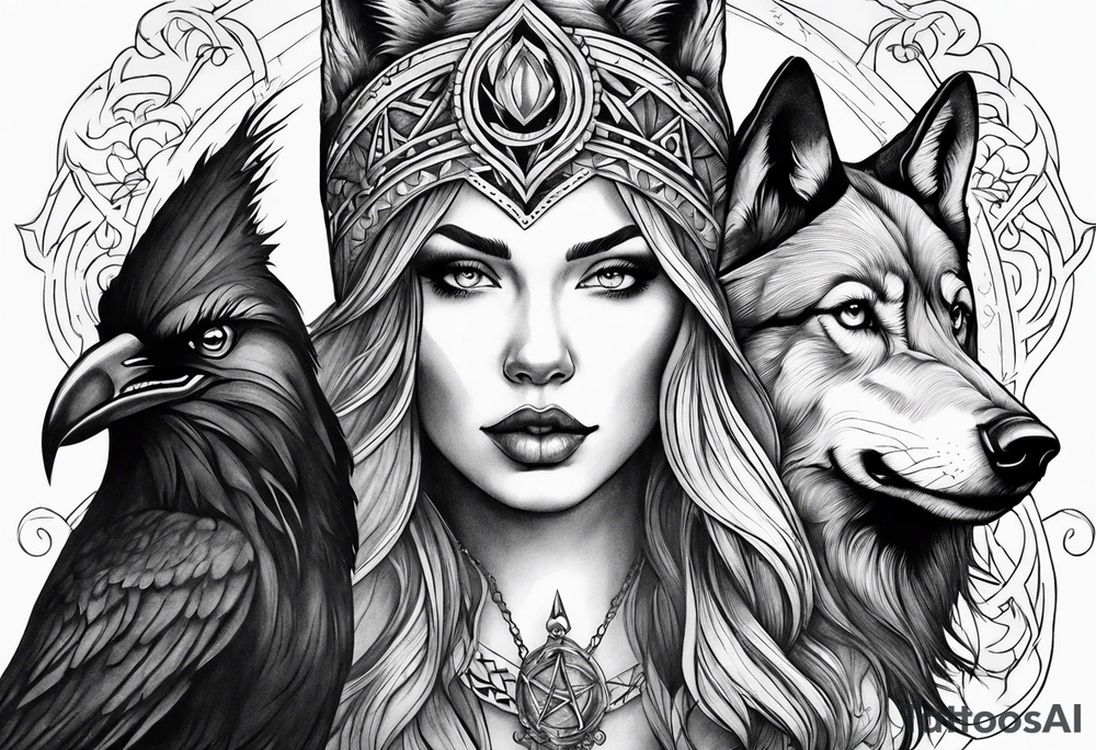 A Wolf with a witch and a raven tattoo idea